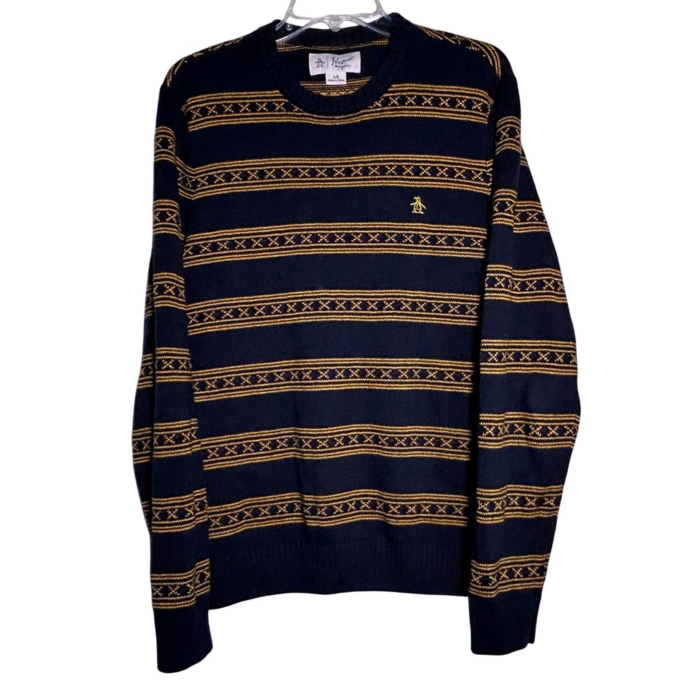 Original Penguin Men's Navy Yellow Striped Sweater Crew Neck Long Sleeve Size L
